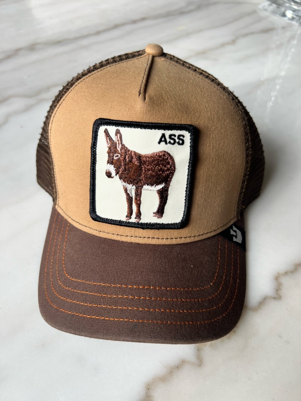 Goorin Bros Brown and Tan Trucker Hat with Donkey Patch